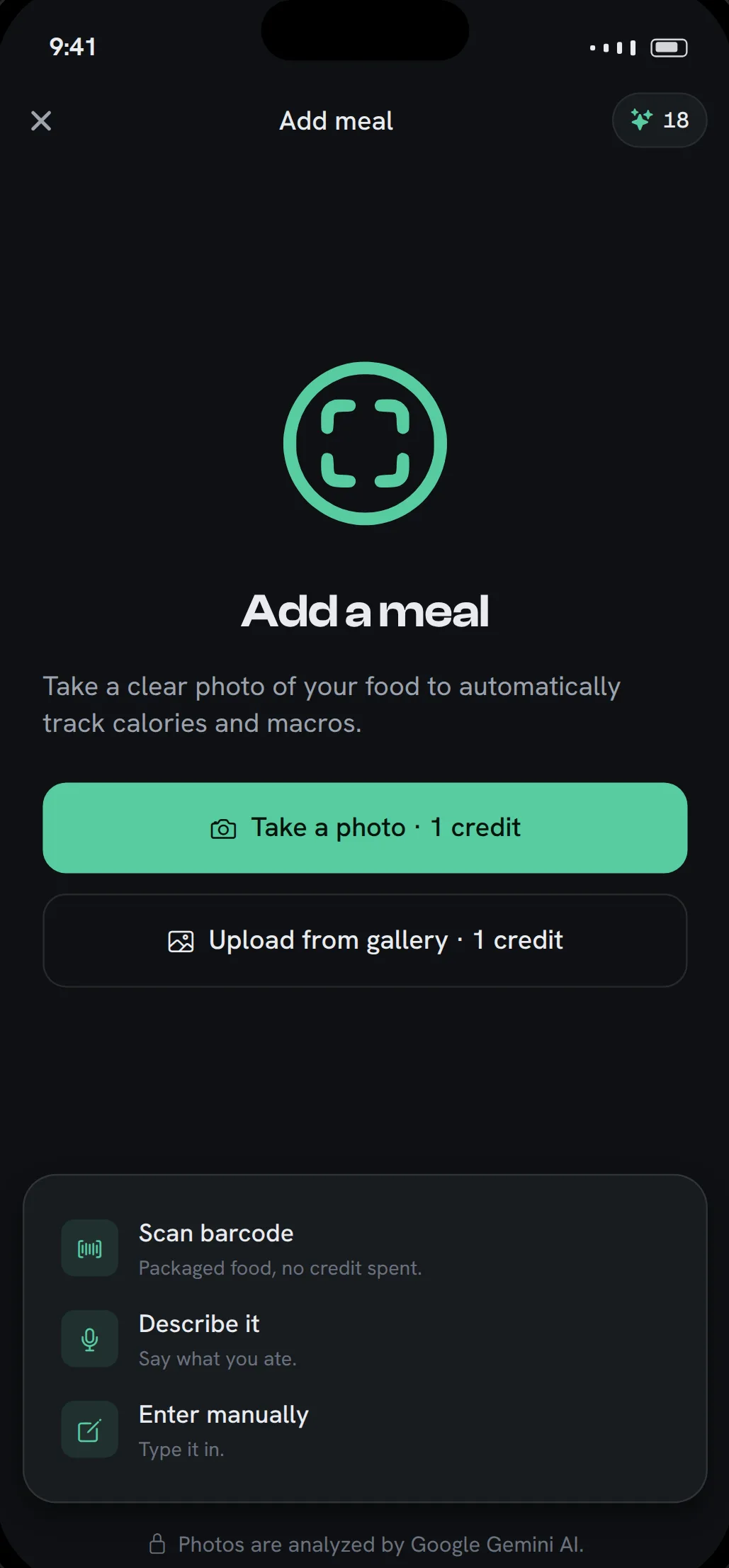 Fitto add-meal screen: take a photo or upload from gallery for 1 credit, or scan a barcode, describe it by voice, or type it